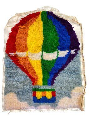 Vtg Latch Hook Rug Hot Air Balloon Handmade Craft WonderArt Unfinished Edge